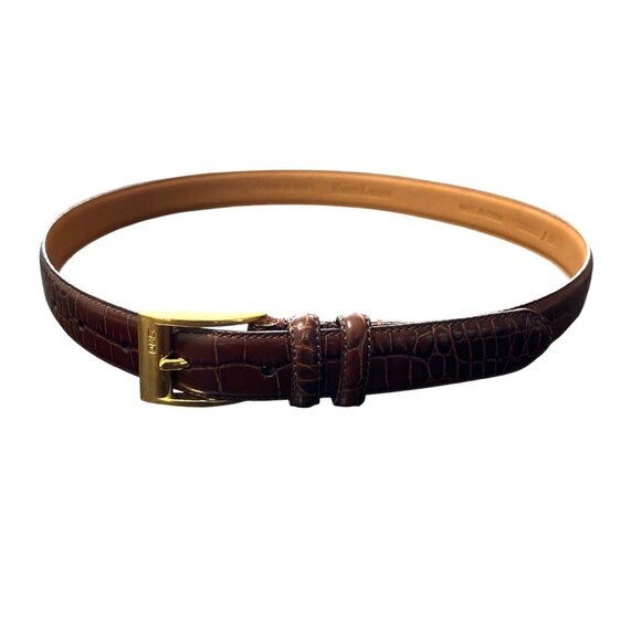Ralph Lauren Crocodile Embossed Brown Leather Belt 2220112 Brass Buckle Size M - Picture 2 of 6